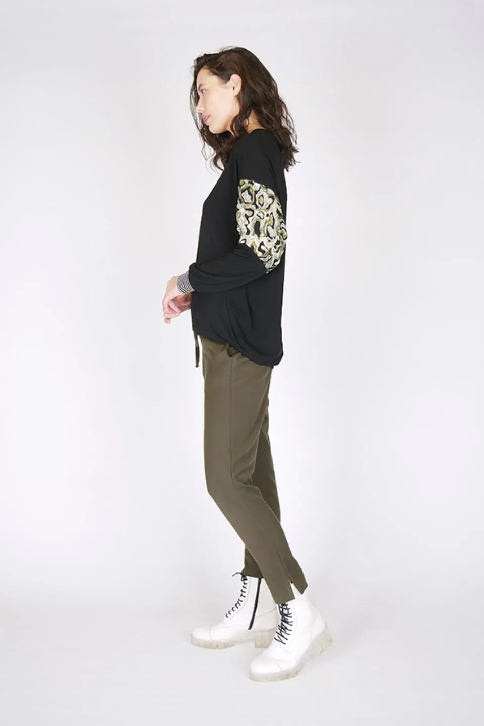 Swirl Kahuna Black Animal Sleeve Detail Top